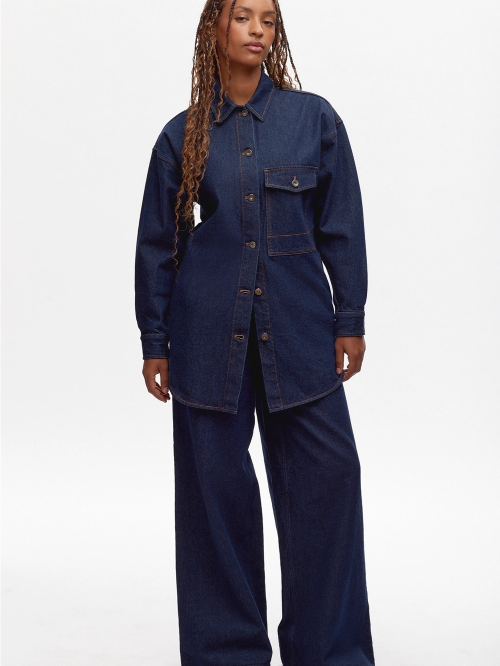 KOTN Dark Blue Denim Button-Front Shirt Jacket